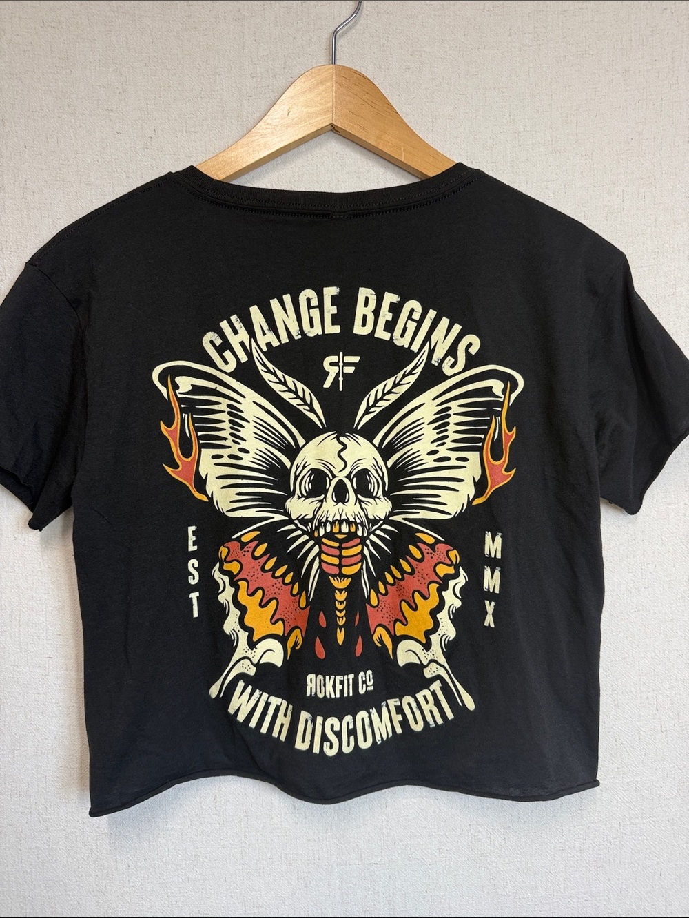 Black Graphic Crop Top with Butterfly Skull Motif